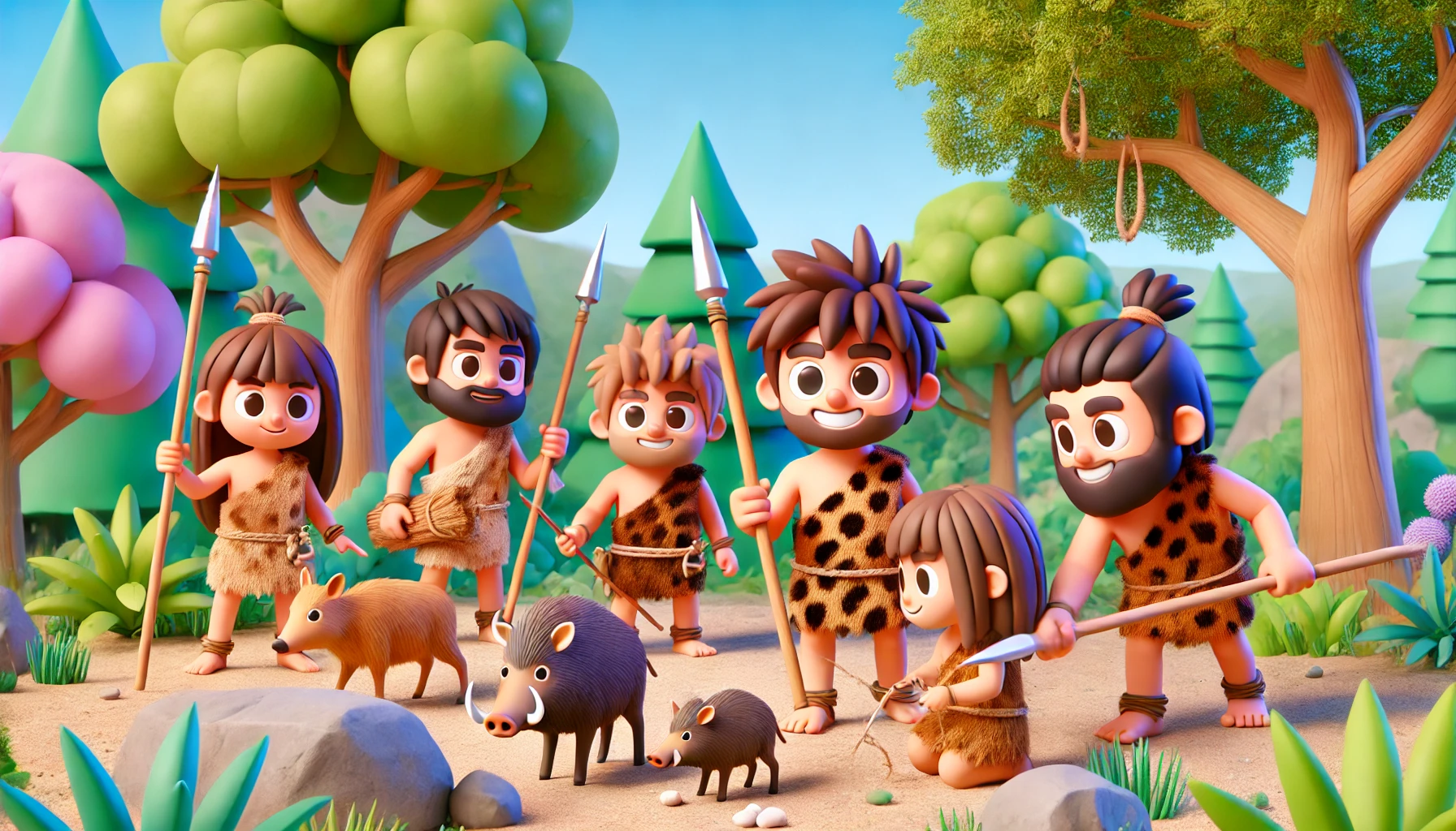 Representación de los cazadores recolectores en la prehistoria para niños de primaria