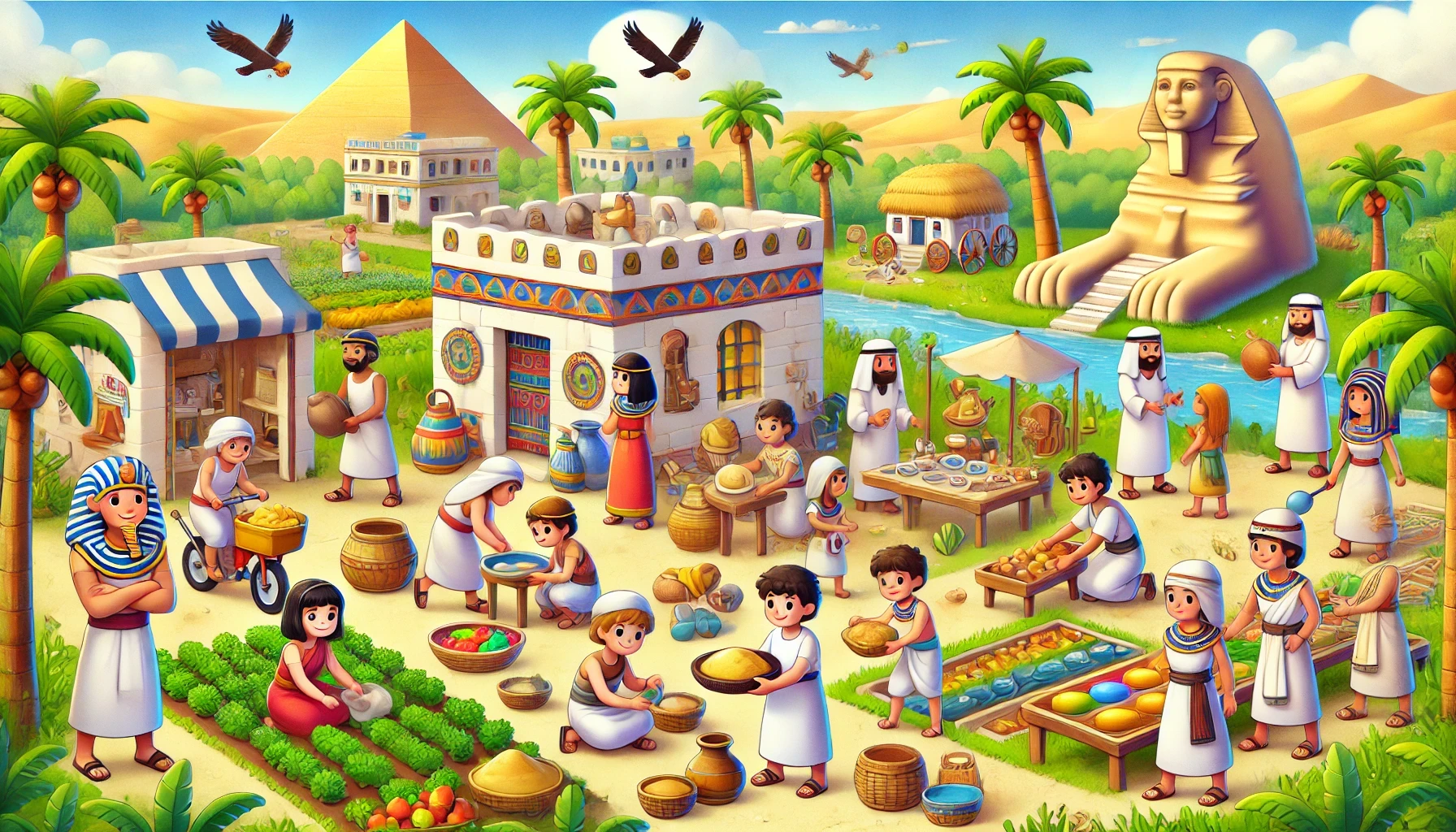 Antiguo Egipto con su vida cotidiana representado para niños de primaria