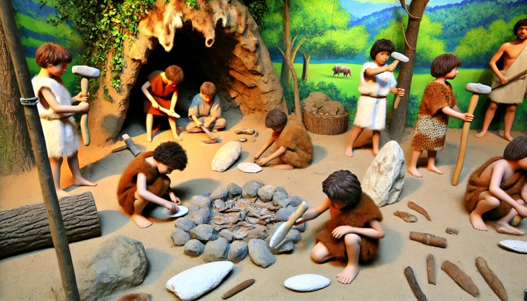 Representación de niños con herramientas prehistóricas