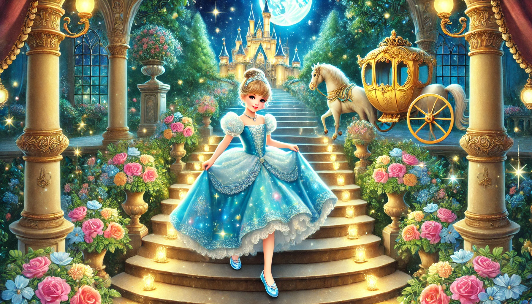 La cenicienta llegando al castillo en su cuento