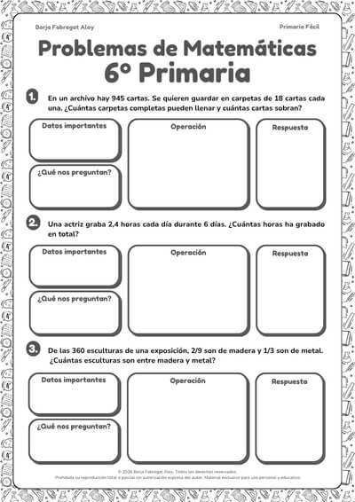 fichas problemas de matemáticas 6 primaria para imprimir