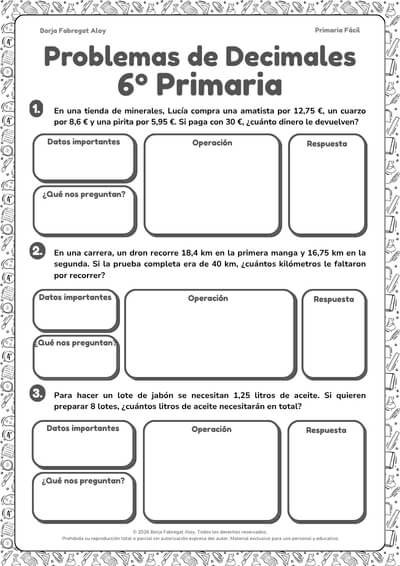 problemas con decimales 6 primaria