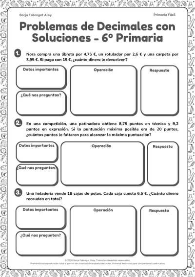 problemas con decimales 6 primaria con soluciones