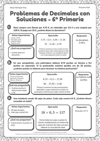 problemas con decimales sexto primaria con soluciones