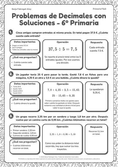 problemas de decimales 6 primaria con soluciones pdf