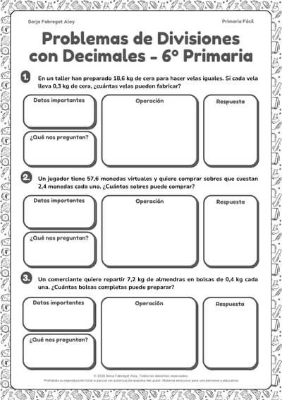 problemas de divisiones con decimales 6 primaria