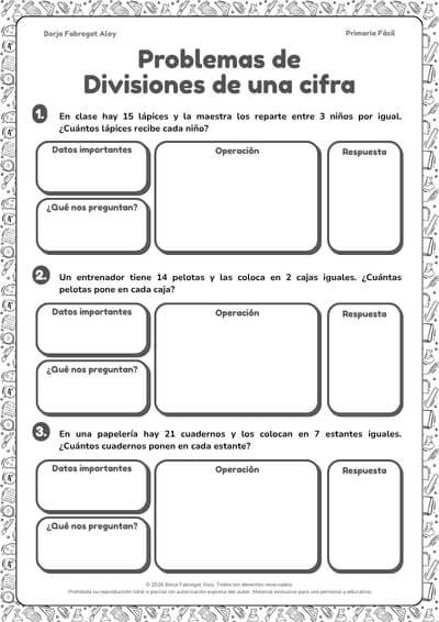 problemas de divisiones de una cifra 3 primaria