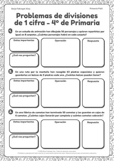 problemas de divisiones de una cifra 4 primaria