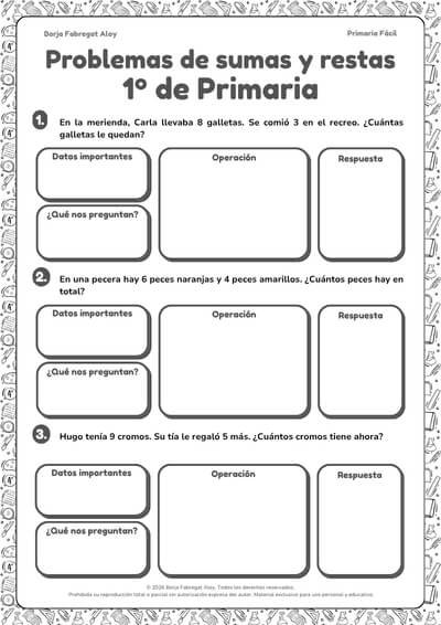 problemas de matematicas 1 primaria sumas y restas