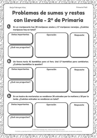 problemas de matematicas 2 primaria sumas y restas con llevadas