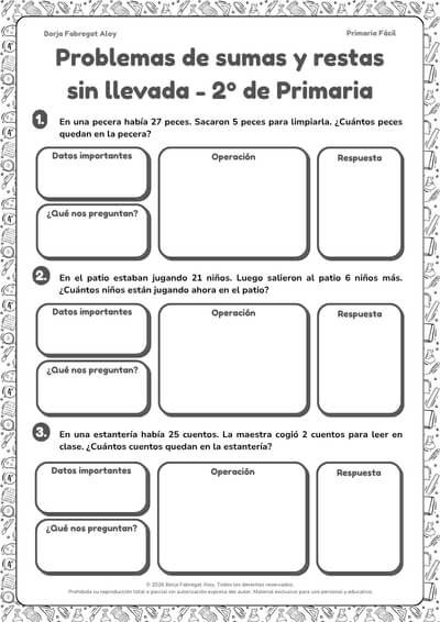 problemas de matemáticas para segundo de primaria de sumas y restas