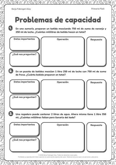problemas de medidas de capacidad 3 primaria para imprimir