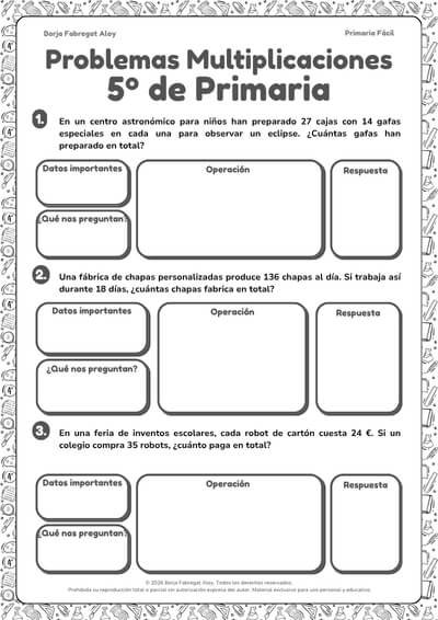 problemas de multiplicaciones 5 primaria