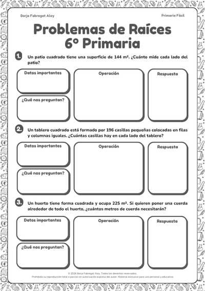 problemas de raíces cuadradas 6 primaria
