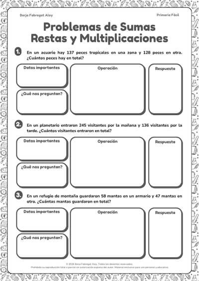 problemas de sumas, restas y multiplicaciones 3 primaria