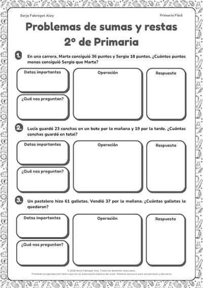 problemas de sumas y restas 2 primaria