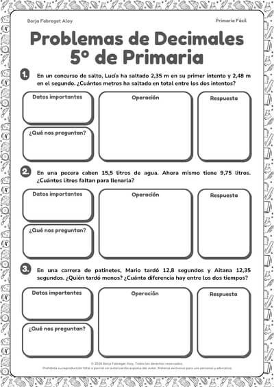 problemas decimales 5 primaria