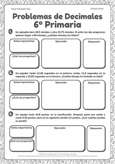 problemas decimales - 6 primaria pdf