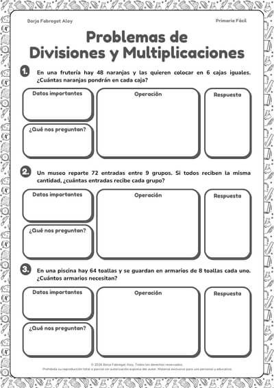 problemas 3 primaria multiplicaciones y divisiones