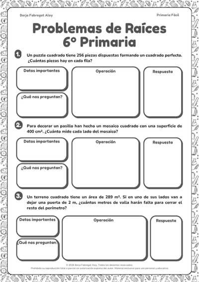 problemas raíces cuadradas 6 primaria