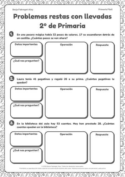 problemas restas con llevadas 2 primaria