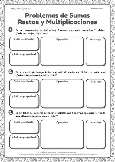 problemas sumas, restas y multiplicaciones 3 primaria pdf
