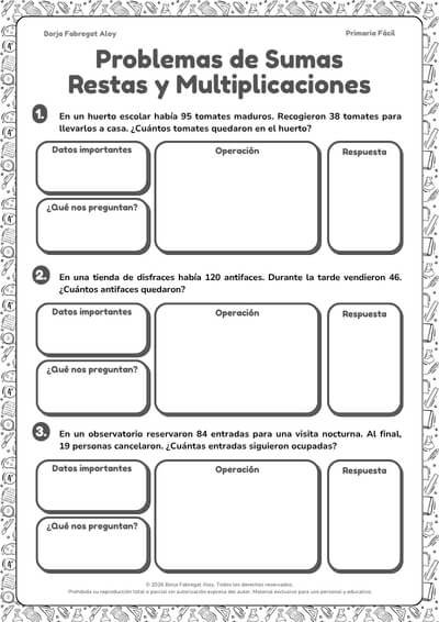 problemas sumas restas y multiplicaciones 3 primaria pdf