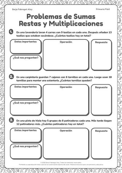 problemas sumas, restas, multiplicaciones y divisiones 3 primaria pdf